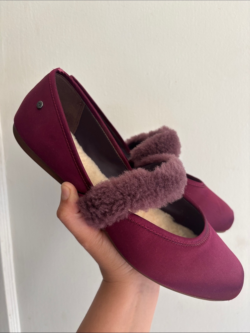 UGG Women's Wine Mary Jane Flats with Shearling Strap - Picture 2 of 10